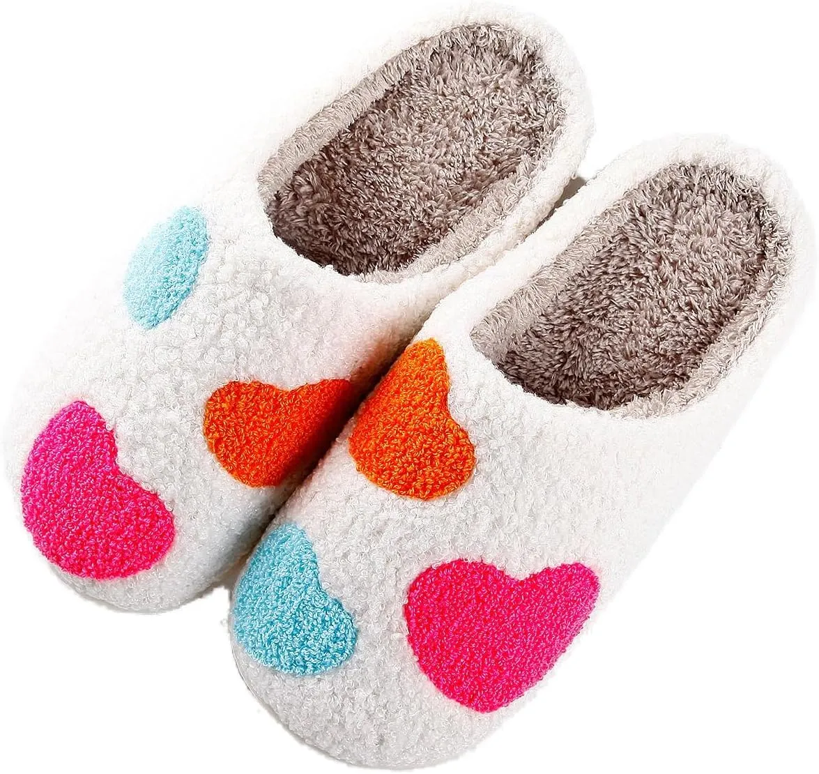 Happy Smile Face Slippers with Evil Eyes, Strawberry Heart, Cute Cartoon Design - Soft Plush Cozy House Slippers for Women - Indoor/Outdoor