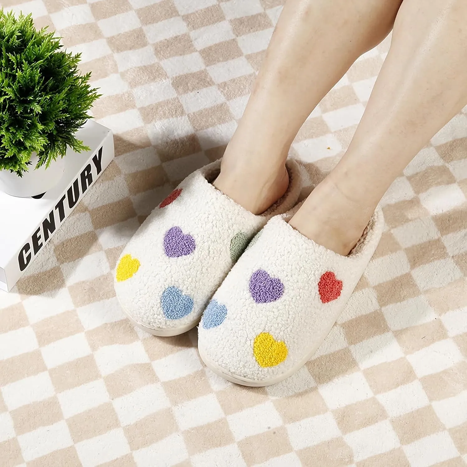 Happy Smile Face Slippers with Evil Eyes, Strawberry Heart, Cute Cartoon Design - Soft Plush Cozy House Slippers for Women - Indoor/Outdoor