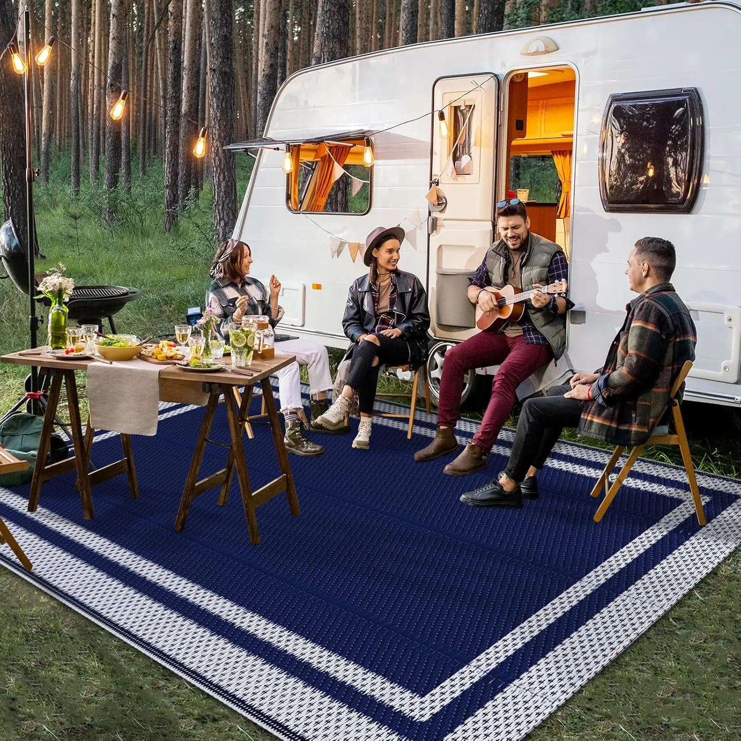 HappyTrends Outdoor Rug Reversible Portable Plastic Straw Camping Rugs for Outside RV,Large Waterproof Outdoor Area Rugs for Patio,Deck,Porch,Balcony (5'x 8',White&Blue)