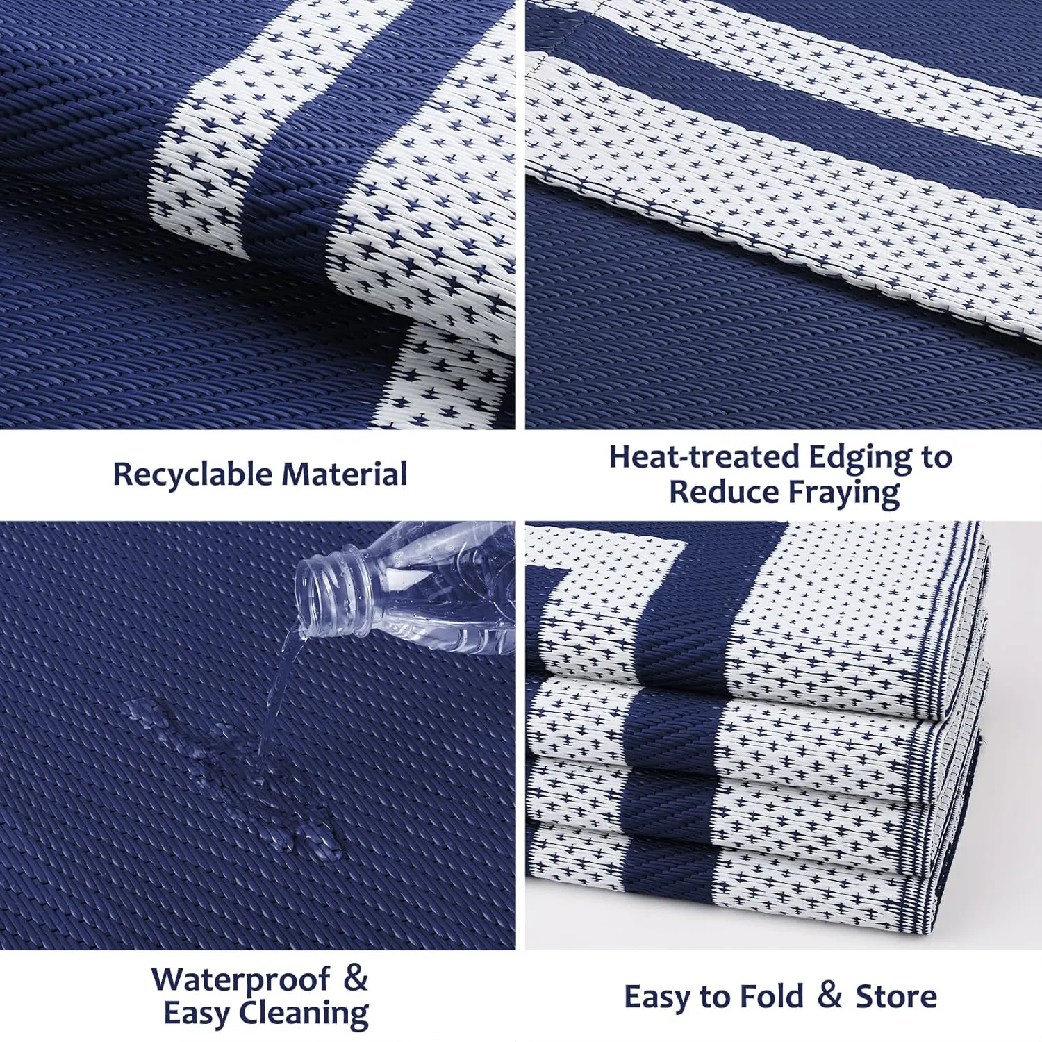 HappyTrends Outdoor Rug Reversible Portable Plastic Straw Camping Rugs for Outside RV,Large Waterproof Outdoor Area Rugs for Patio,Deck,Porch,Balcony (5'x 8',White&Blue)