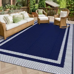 HappyTrends Outdoor Rug Reversible Portable Plastic Straw Camping Rugs for Outside RV,Large Waterproof Outdoor Area Rugs for Patio,Deck,Porch,Balcony (5'x 8',White&Blue)