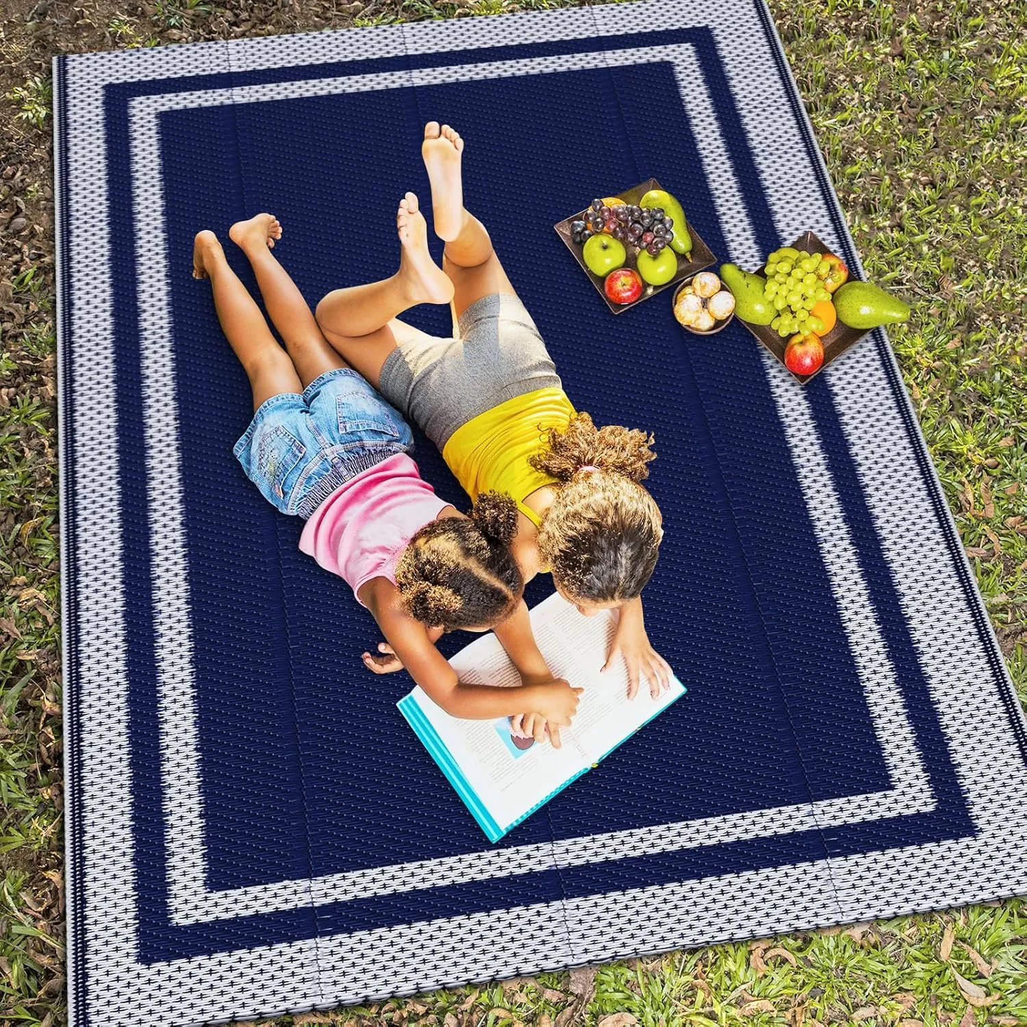 HappyTrends Outdoor Rug Reversible Portable Plastic Straw Camping Rugs for Outside RV,Large Waterproof Outdoor Area Rugs for Patio,Deck,Porch,Balcony (5'x 8',White&Blue)