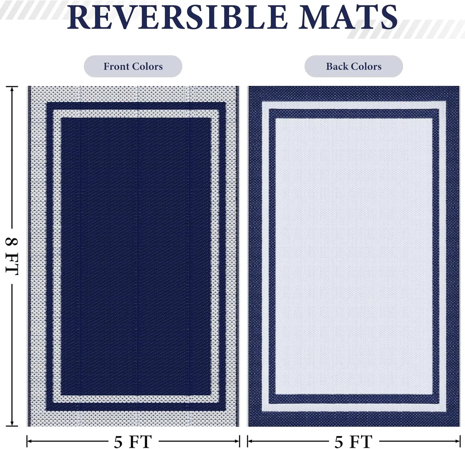 HappyTrends Outdoor Rug Reversible Portable Plastic Straw Camping Rugs for Outside RV,Large Waterproof Outdoor Area Rugs for Patio,Deck,Porch,Balcony (5'x 8',White&Blue)