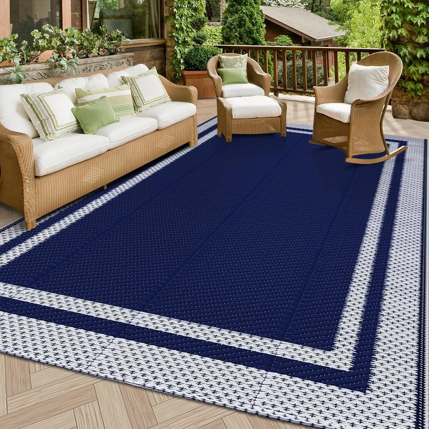 HappyTrends Outdoor Rug Reversible Portable Plastic Straw Camping Rugs for Outside RV,Large Waterproof Outdoor Area Rugs for Patio,Deck,Porch,Balcony (5'x 8',White&Blue)