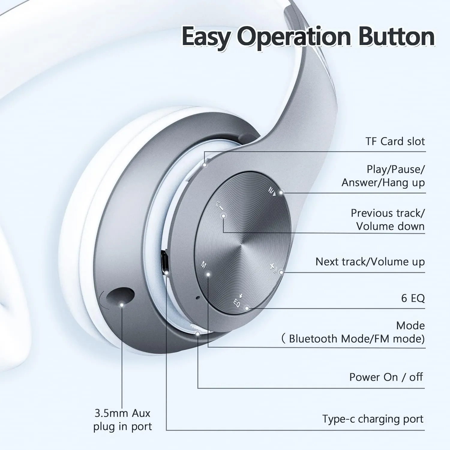 Headphones Wireless Bluetooth,60 Hours Playtime Foldable Lightweight Bluetooth Headphones Wireless Over Ear Wired Hi-Fi Stereo with 6 EQ Modes, Deep Bass Adjustable Headset with Mic, FM, TF for Adults