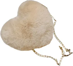 Heart Shaped Shoulder Bag, Furry Purse, Casual Cute Tote Crossbody Bag for Women Ladies