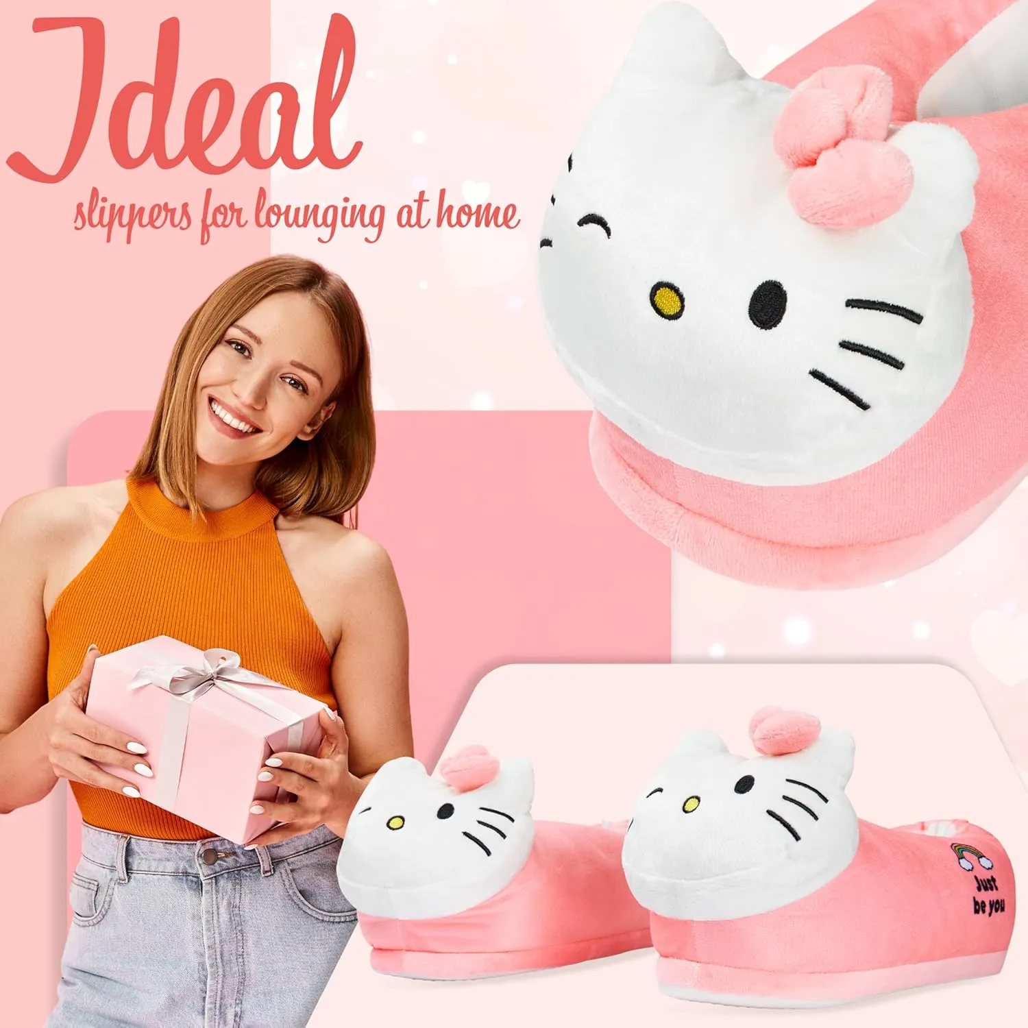 Hello Kitty Womens 3D Slippers, Cozy Indoor House Shoes Non Slip Loungewear - Gifts for Her
