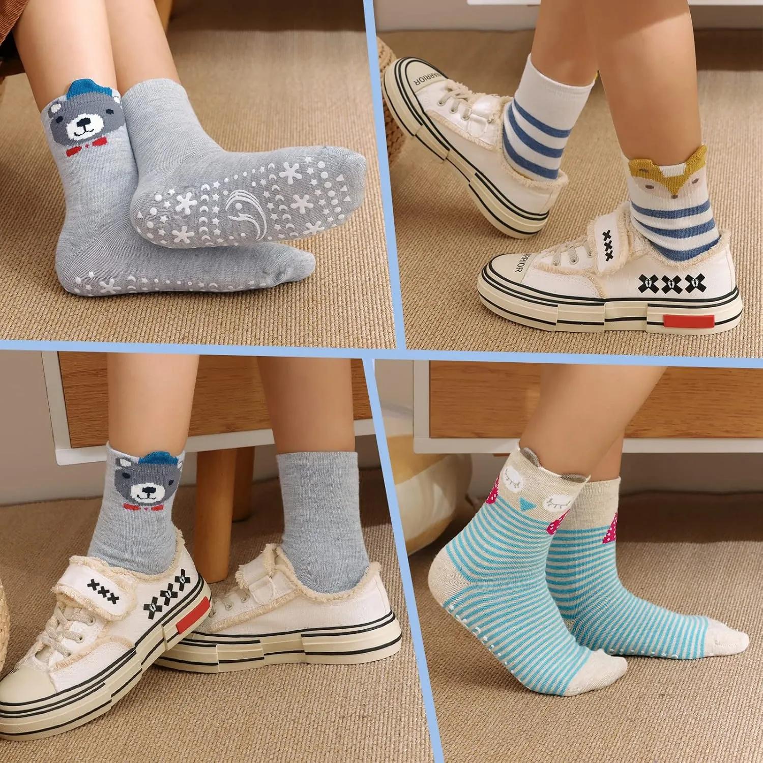Hellomamma Non-Slip Cotton Toddler Socks, Cute Animals Crew Kids Socks with Grippers Anti Skid Children Socks for Girls Boys