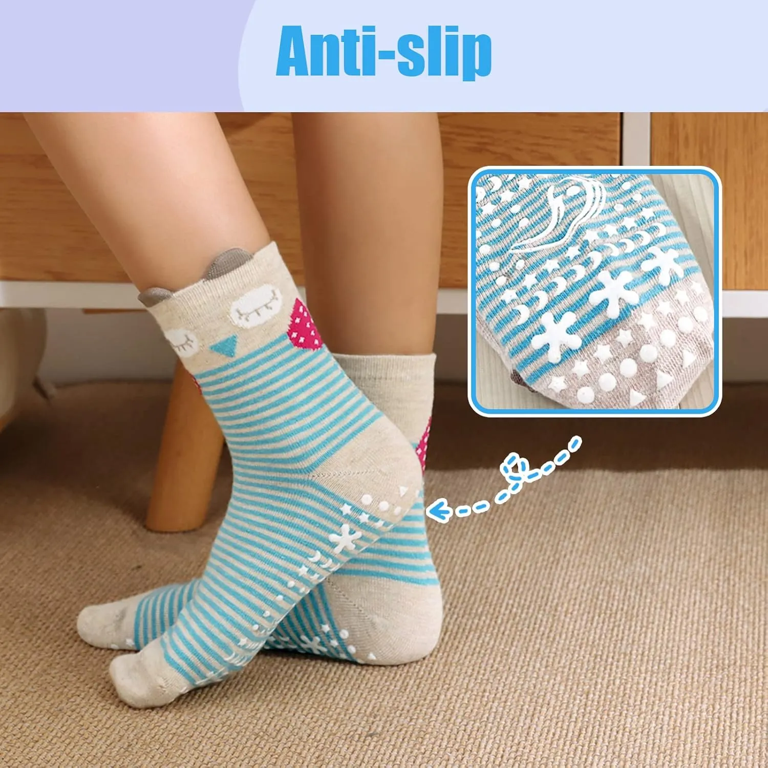 Hellomamma Non-Slip Cotton Toddler Socks, Cute Animals Crew Kids Socks with Grippers Anti Skid Children Socks for Girls Boys