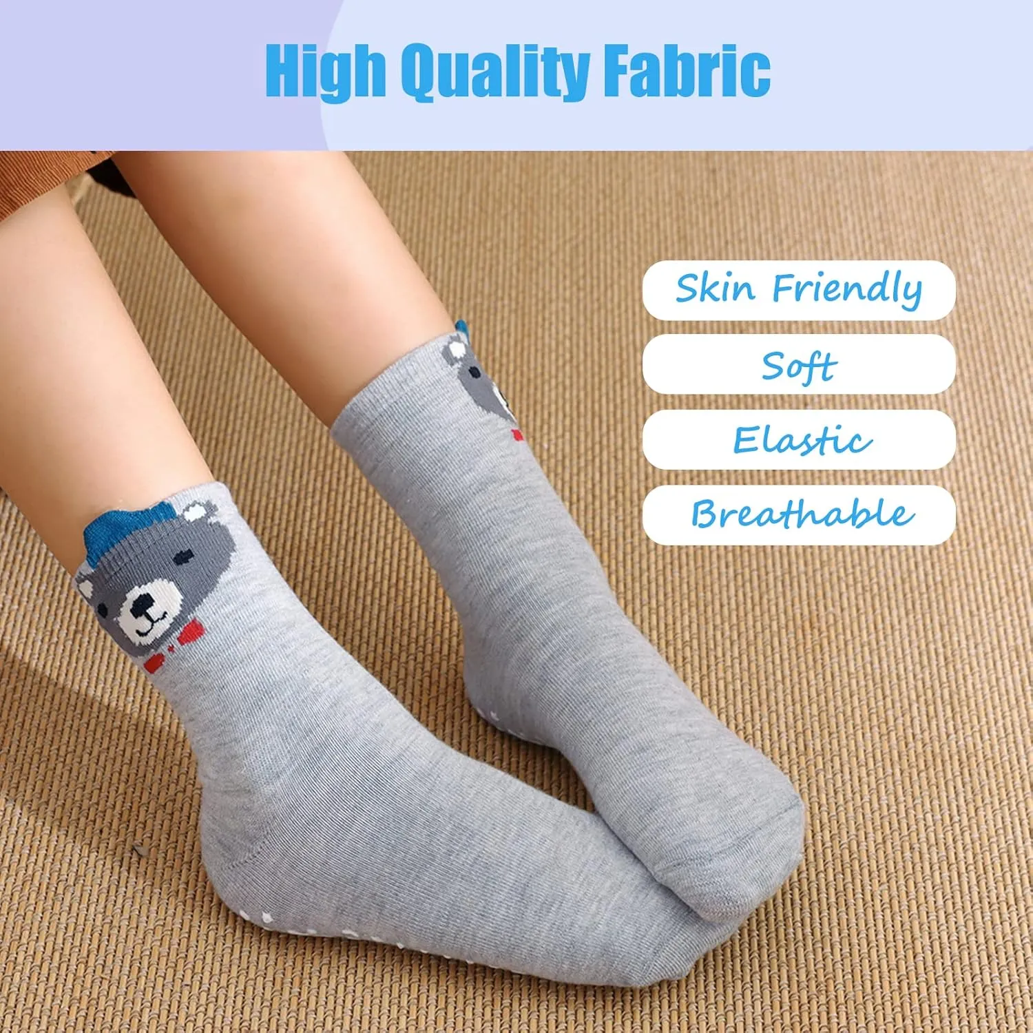 Hellomamma Non-Slip Cotton Toddler Socks, Cute Animals Crew Kids Socks with Grippers Anti Skid Children Socks for Girls Boys