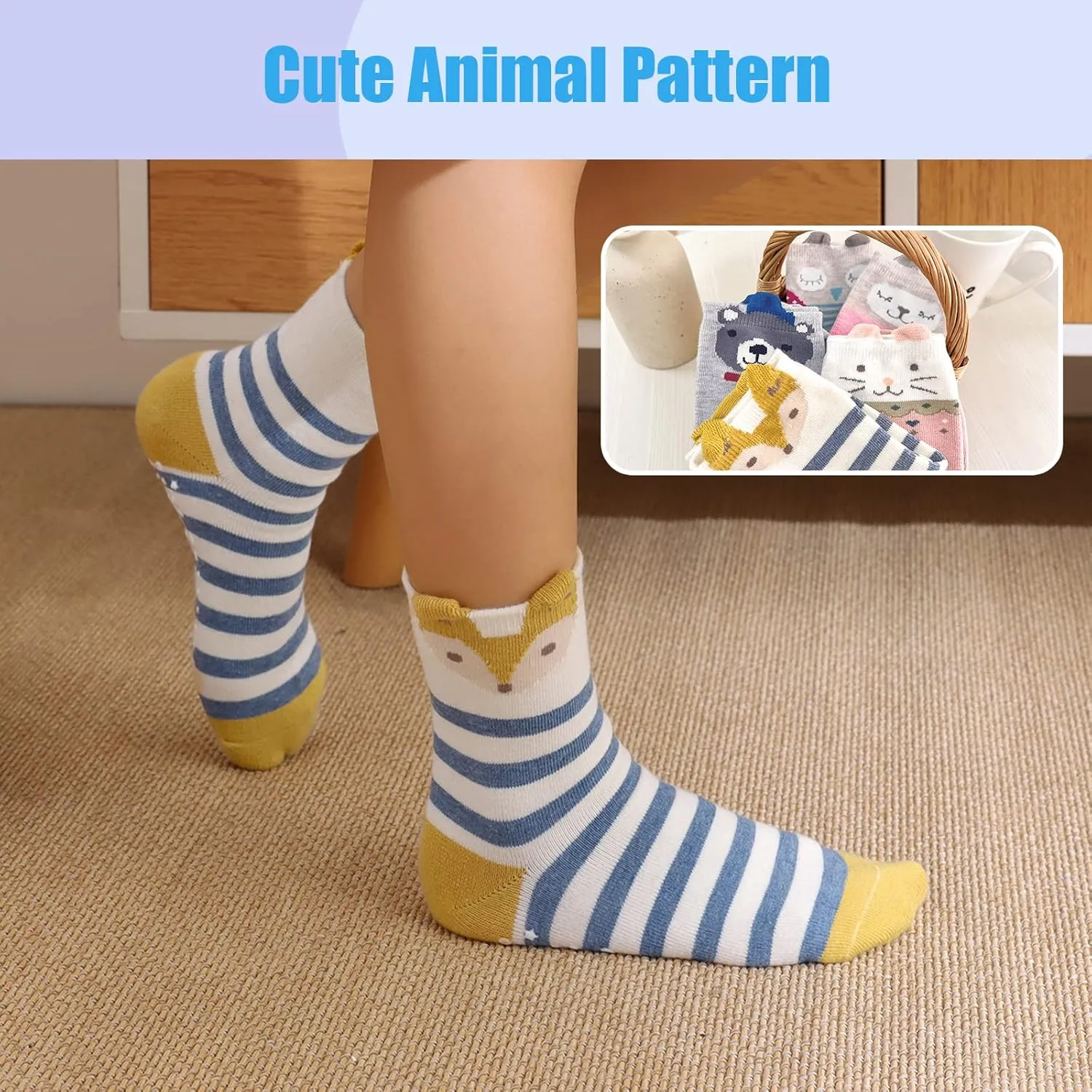 Hellomamma Non-Slip Cotton Toddler Socks, Cute Animals Crew Kids Socks with Grippers Anti Skid Children Socks for Girls Boys