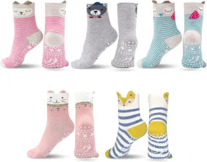 Hellomamma Non-Slip Cotton Toddler Socks, Cute Animals Crew Kids Socks with Grippers Anti Skid Children Socks for Girls Boys