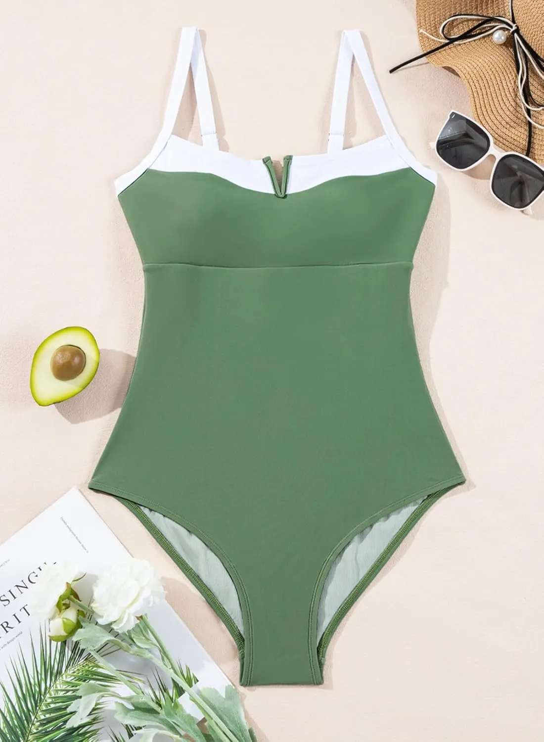 Herseas Women's V Wire One Piece Swimsuit Color Block Patchwork Bathing Suit