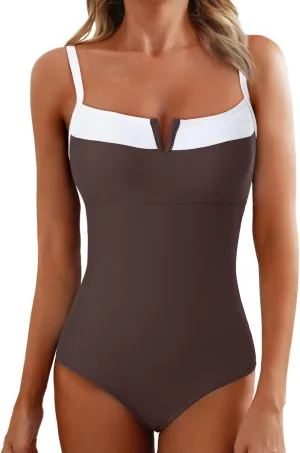 Herseas Women's V Wire One Piece Swimsuit Color Block Patchwork Bathing Suit