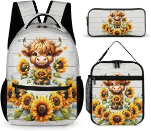 Highland Cow Backpack with Lunch Box & Pencil Case, 16 Inch Cute Highland Cow Themed Bookbag, Adjustable Lightweight Large Capacity, Colorful Backpack Set for Kids Girls Boys School