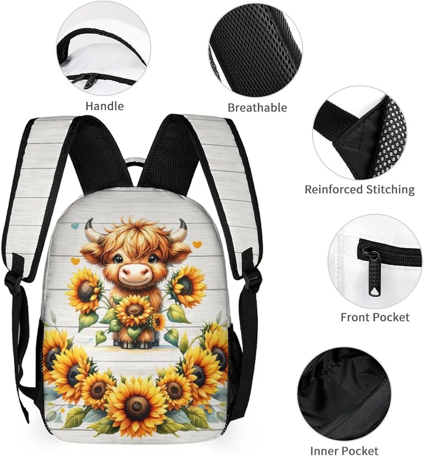 Highland Cow Backpack with Lunch Box & Pencil Case, 16 Inch Cute Highland Cow Themed Bookbag, Adjustable Lightweight Large Capacity, Colorful Backpack Set for Kids Girls Boys School