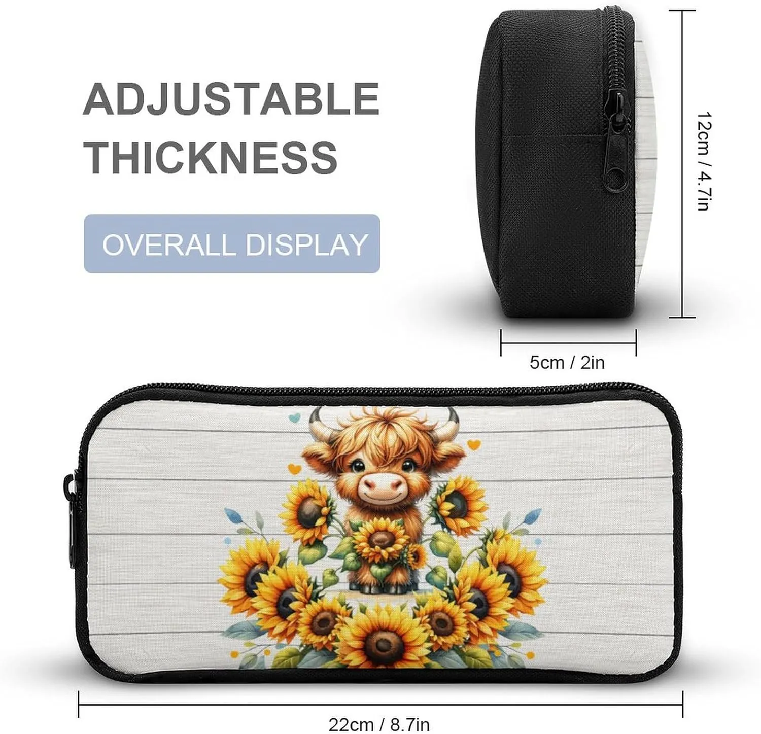 Highland Cow Backpack with Lunch Box & Pencil Case, 16 Inch Cute Highland Cow Themed Bookbag, Adjustable Lightweight Large Capacity, Colorful Backpack Set for Kids Girls Boys School