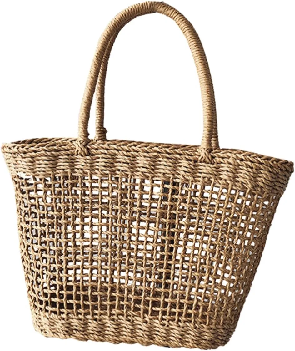 Hollow out Woven Vacation Bag Fashionable Beach Handbag for Summer Stylish Khaki Straw Tote for Shopping Travel and Everyday Use and Woven Pouch