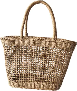 Hollow out Woven Vacation Bag Fashionable Beach Handbag for Summer Stylish Khaki Straw Tote for Shopping Travel and Everyday Use and Woven Pouch