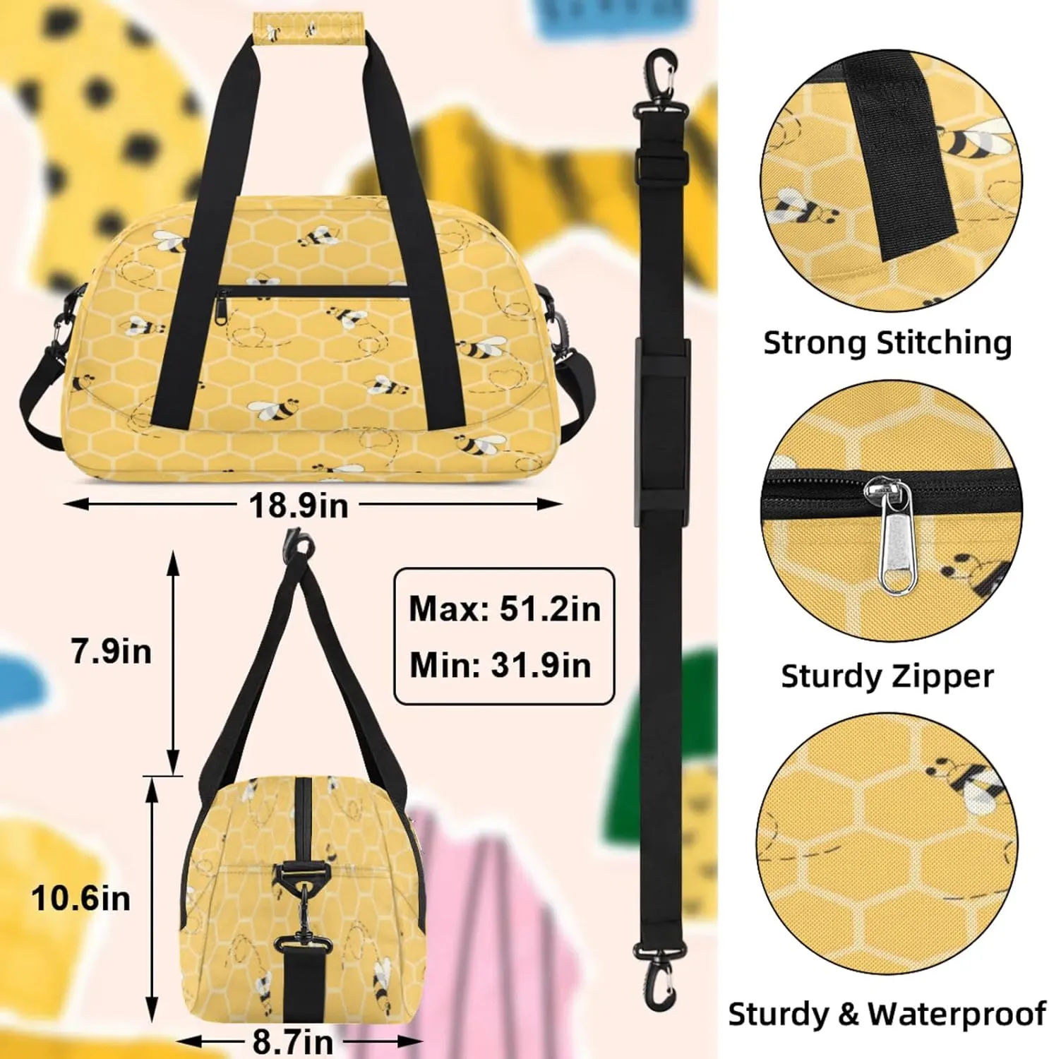 Honey Bee Bumblebee Small Gym Bag 18 inch Carry On Duffel Bag for Weekender Travel Sports Workout Yoga Gymnastics Dance Ballet