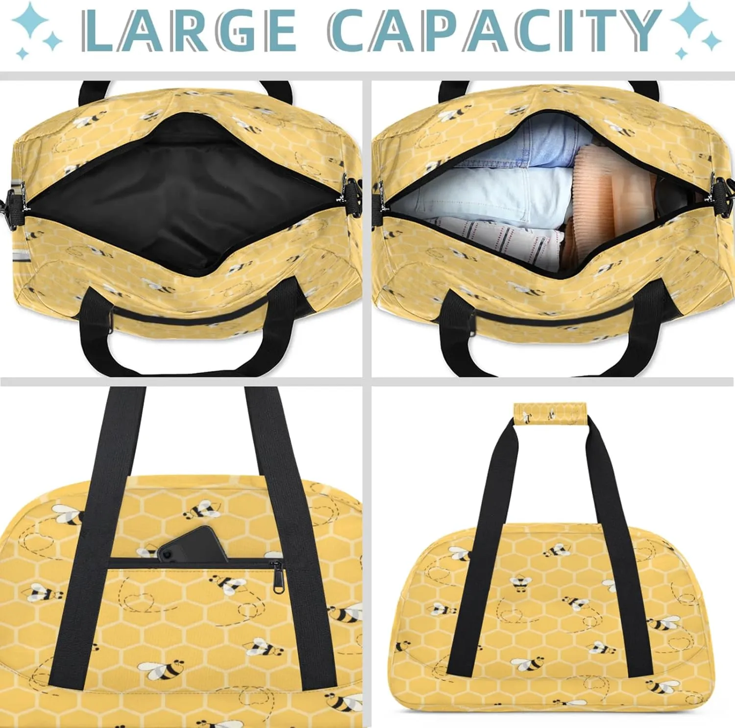 Honey Bee Bumblebee Small Gym Bag 18 inch Carry On Duffel Bag for Weekender Travel Sports Workout Yoga Gymnastics Dance Ballet