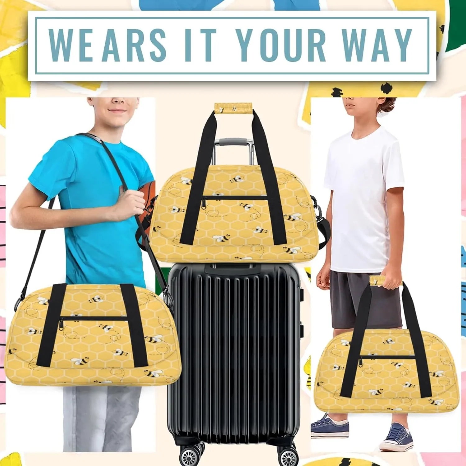 Honey Bee Bumblebee Small Gym Bag 18 inch Carry On Duffel Bag for Weekender Travel Sports Workout Yoga Gymnastics Dance Ballet