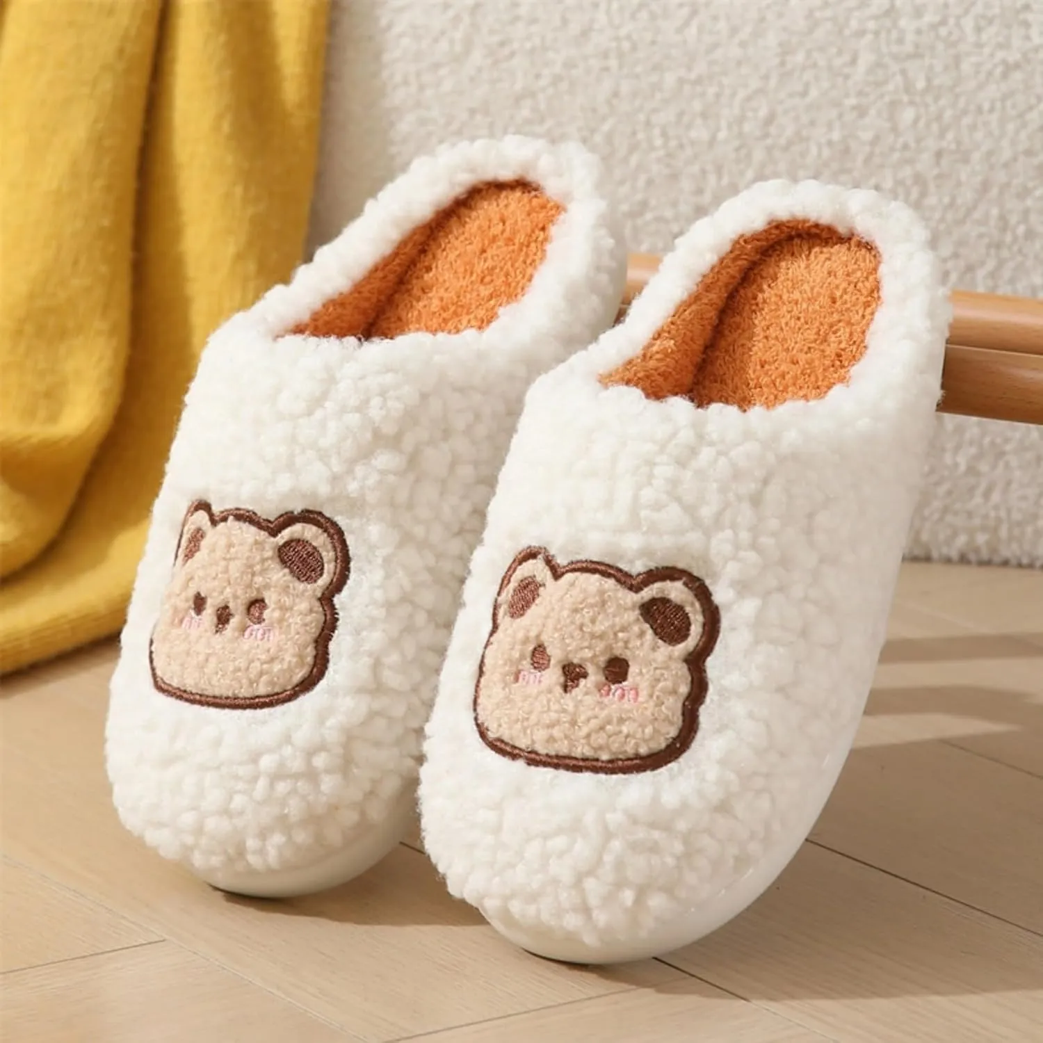 House Slippers Women's Cute Cartoon Bear Slippers Indoor Soft Plush Comfy Warm Couple Home Slippers Men's Winter Cozy Cotton Fuzzy Bedroom Slippers Shoes