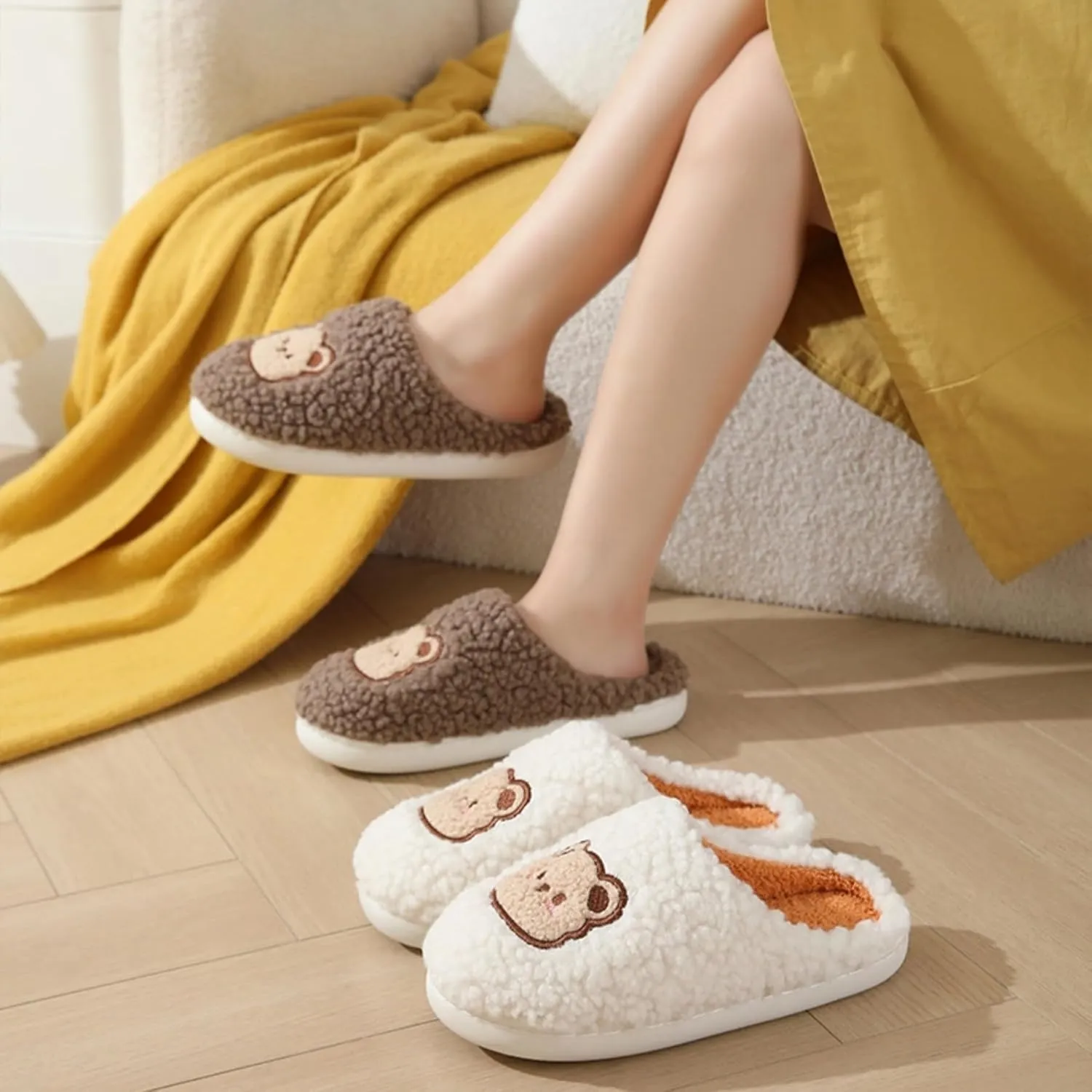 House Slippers Women's Cute Cartoon Bear Slippers Indoor Soft Plush Comfy Warm Couple Home Slippers Men's Winter Cozy Cotton Fuzzy Bedroom Slippers Shoes