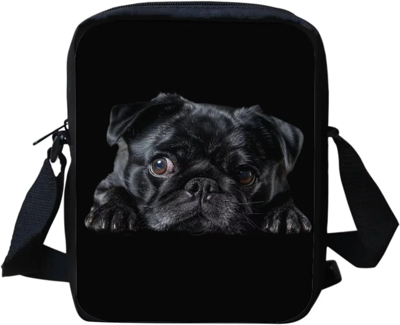 HUGS IDEA Black Pug Mini Messneger Bag Shoulder Handbag Outer Travel Cross Body Bags Purse for Women