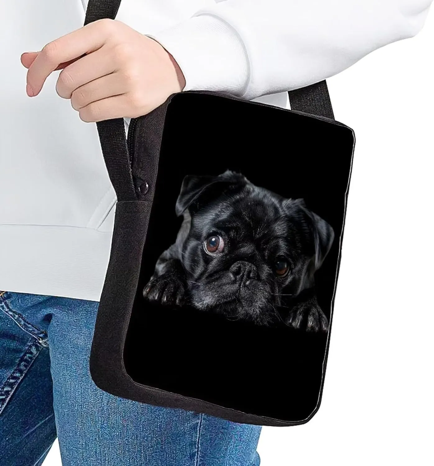 HUGS IDEA Black Pug Mini Messneger Bag Shoulder Handbag Outer Travel Cross Body Bags Purse for Women