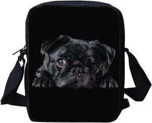 HUGS IDEA Black Pug Mini Messneger Bag Shoulder Handbag Outer Travel Cross Body Bags Purse for Women