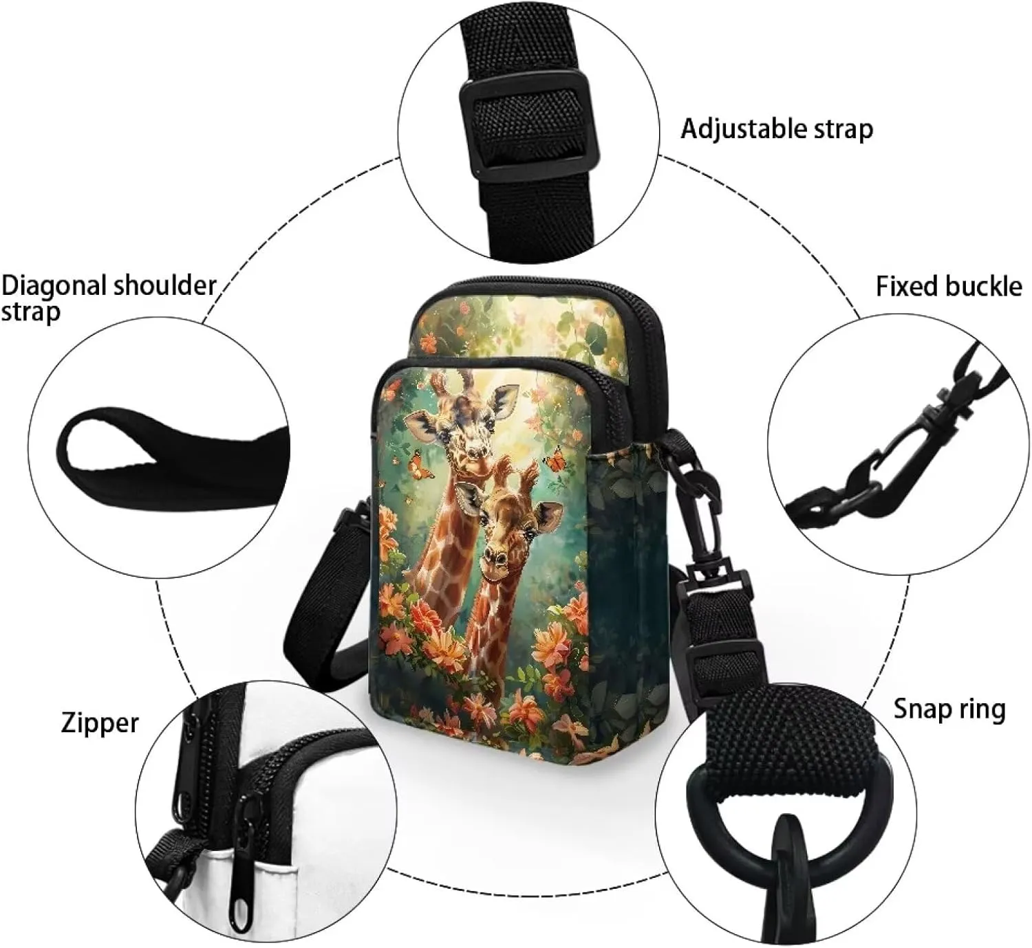HUGS IDEA Cute Giraffe Floral Messenger Bag for Women's Crossbody Bag Cute Shoulder Handbag Cellphone Pouch for Girls