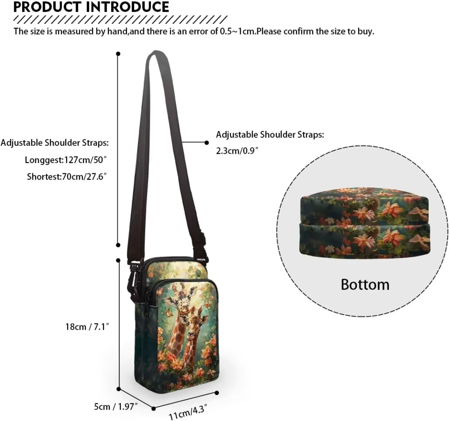 HUGS IDEA Cute Giraffe Floral Messenger Bag for Women's Crossbody Bag Cute Shoulder Handbag Cellphone Pouch for Girls