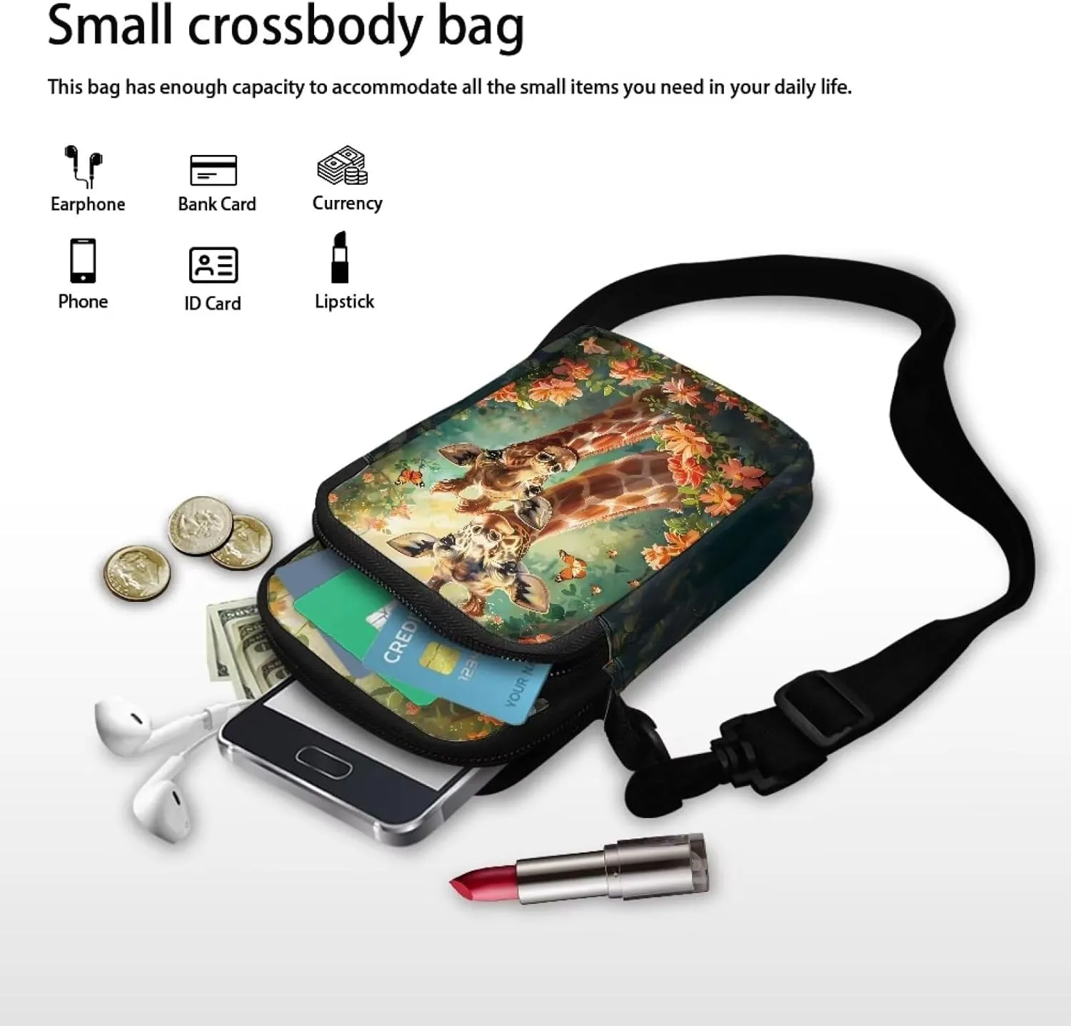 HUGS IDEA Cute Giraffe Floral Messenger Bag for Women's Crossbody Bag Cute Shoulder Handbag Cellphone Pouch for Girls