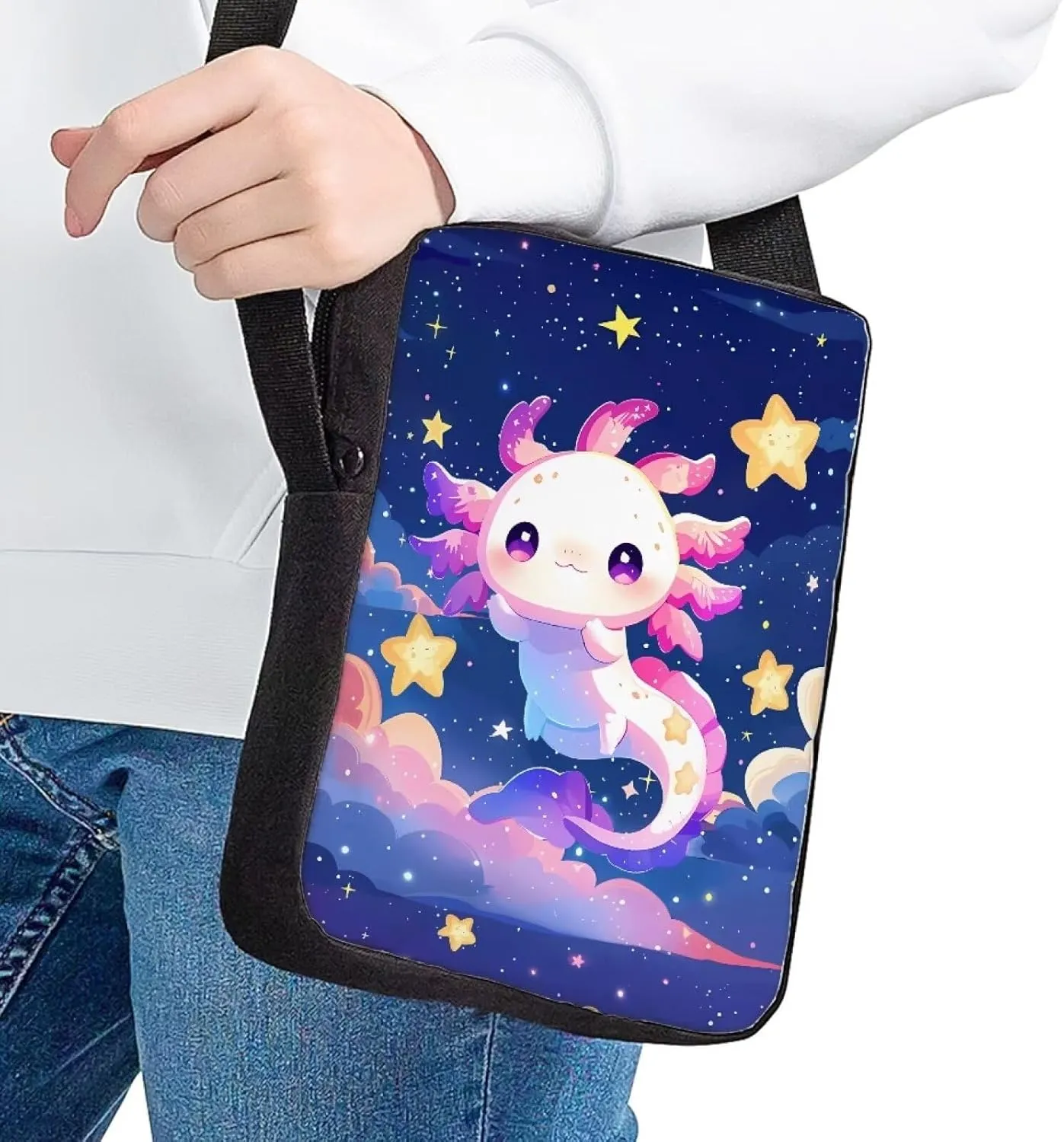 HUGS IDEA Small Messenger Bags Galaxy Axolotl Print Mini Crossbody Shoulder Handbag Travel Portable Cellphone Pouch Purse Wallet