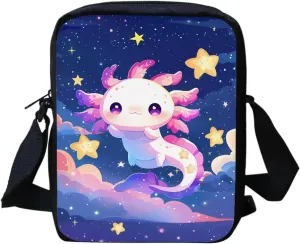 HUGS IDEA Small Messenger Bags Galaxy Axolotl Print Mini Crossbody Shoulder Handbag Travel Portable Cellphone Pouch Purse Wallet