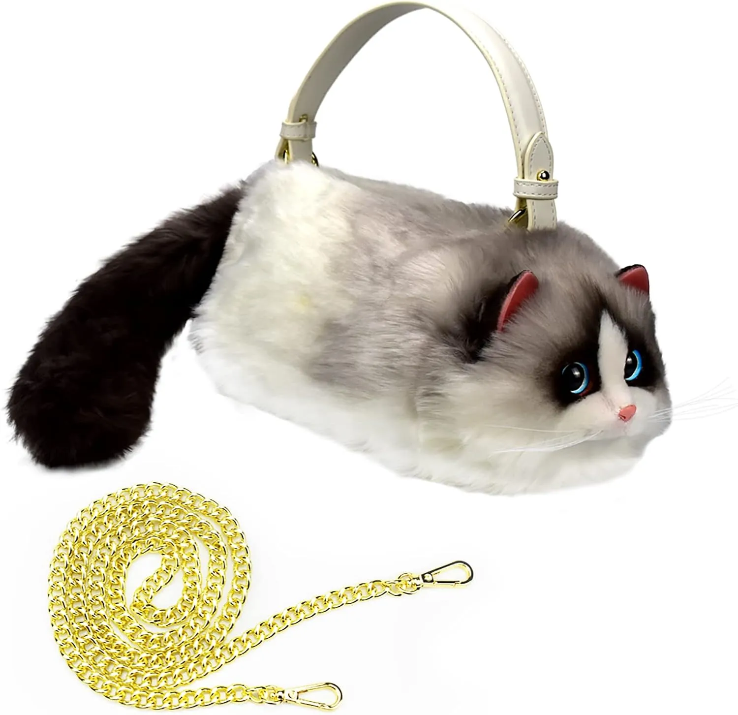 HUIJUFU Realistic Puffy Plush Cat Shaped Crossbody Handbag for Women