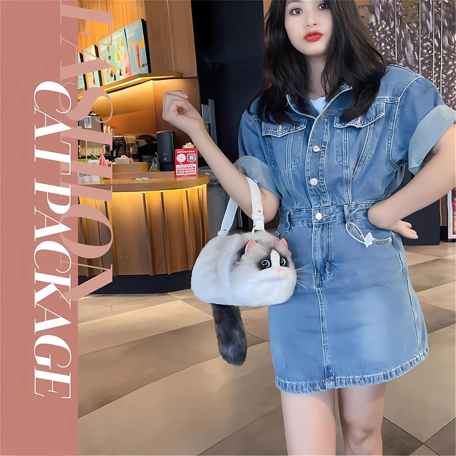 HUIJUFU Realistic Puffy Plush Cat Shaped Crossbody Handbag for Women