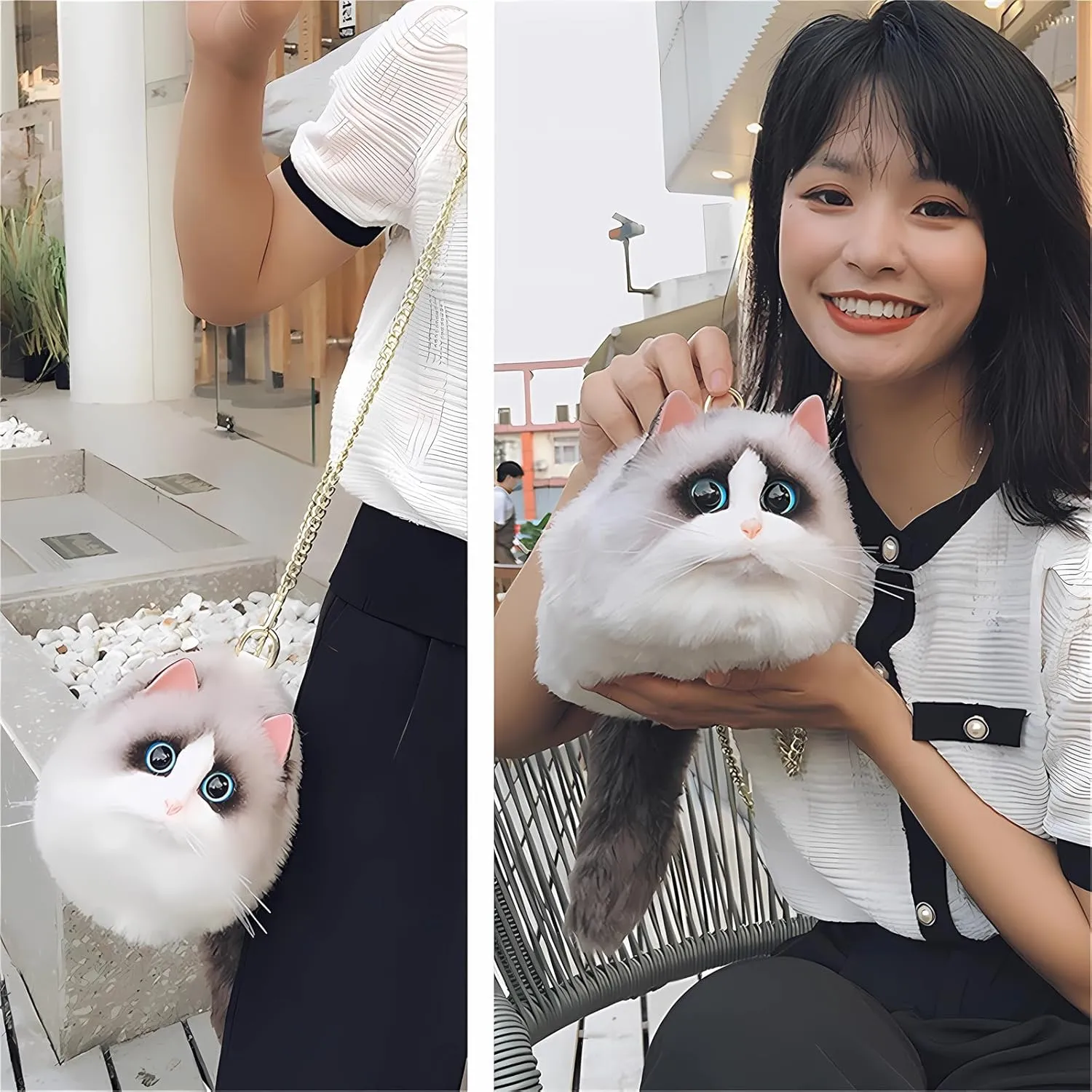 HUIJUFU Realistic Puffy Plush Cat Shaped Crossbody Handbag for Women