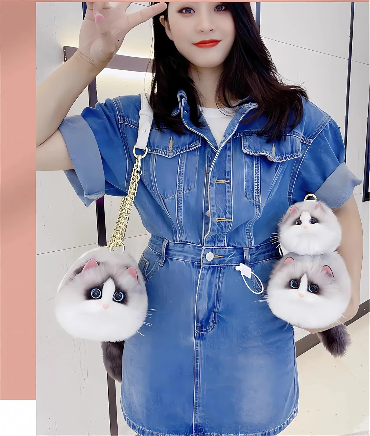 HUIJUFU Realistic Puffy Plush Cat Shaped Crossbody Handbag for Women