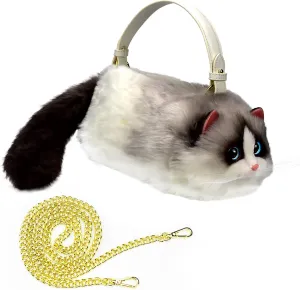 HUIJUFU Realistic Puffy Plush Cat Shaped Crossbody Handbag for Women
