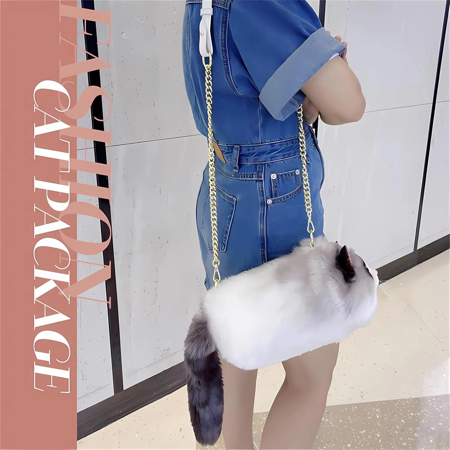 HUIJUFU Realistic Puffy Plush Cat Shaped Crossbody Handbag for Women
