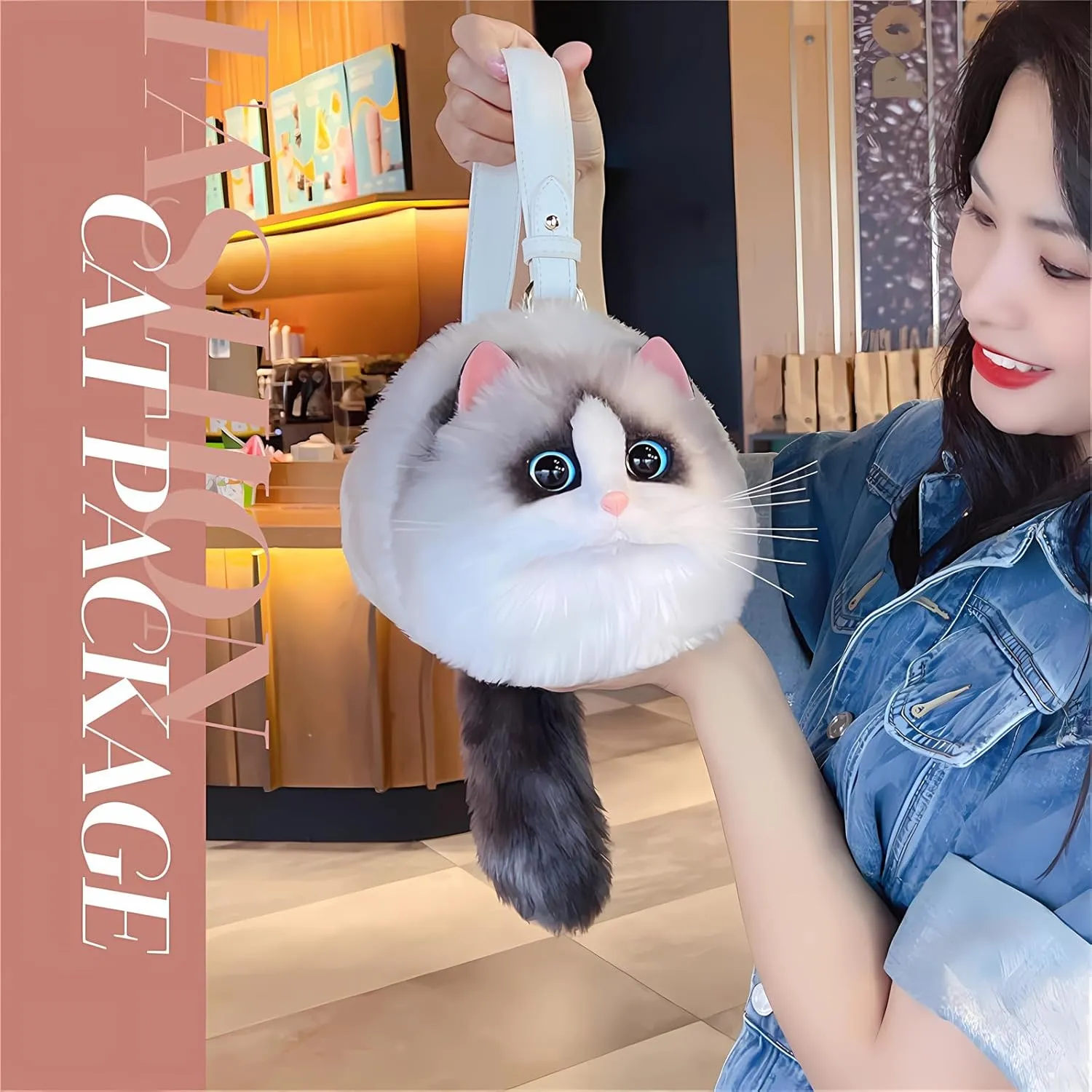 HUIJUFU Realistic Puffy Plush Cat Shaped Crossbody Handbag for Women