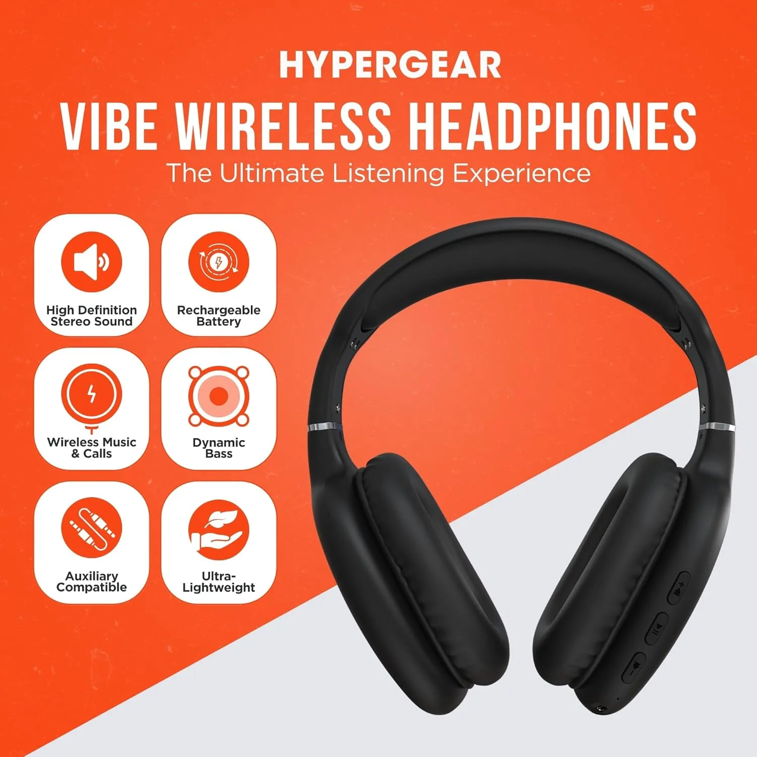 HyperGear Vibe Bluetooth Wireless Headphones - Over-Ear Headphones Wireless for Music, Built-in Mic & Controls, Memory Foam Ear Cups for Travel, Home Office, Gym & More - Black