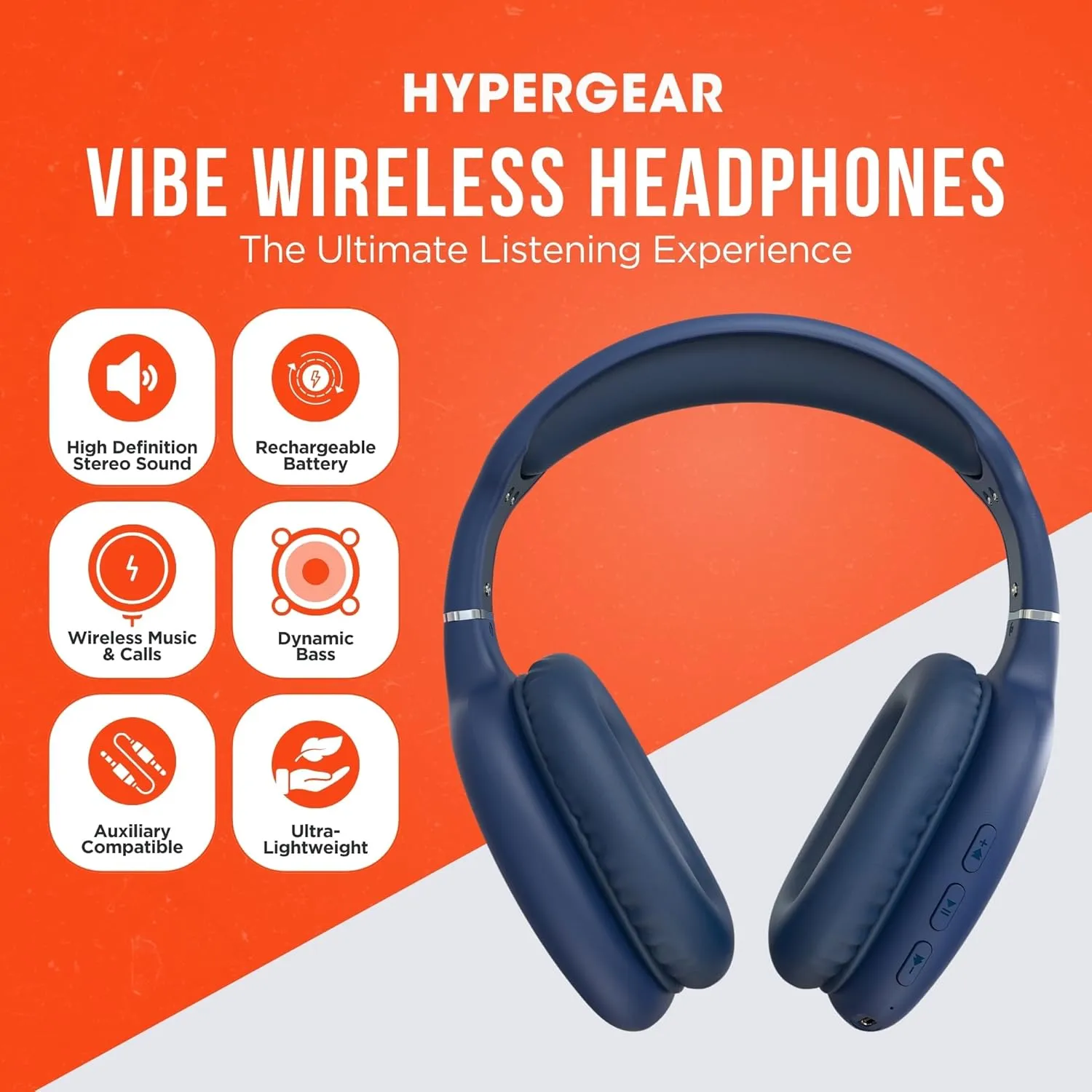 HyperGear Vibe Bluetooth Wireless Headphones - Over-Ear Headphones Wireless for Music, Built-in Mic & Controls, Memory Foam Ear Cups for Travel, Home Office, Gym & More - Blue