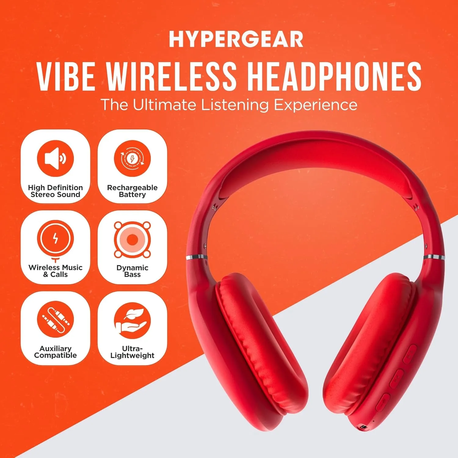 HyperGear Vibe Bluetooth Wireless Headphones - Over-Ear Headphones Wireless for Music, Built-in Mic & Controls, Memory Foam Ear Cups for Travel, Home Office, Gym & More - Red