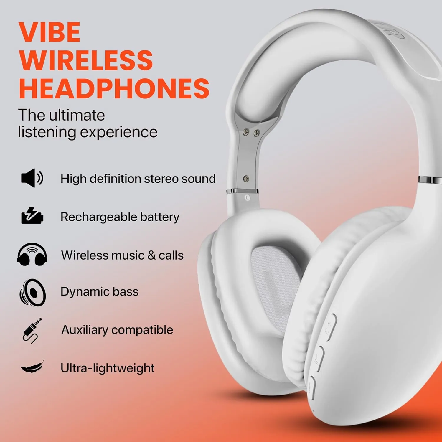 HyperGear Vibe Bluetooth Wireless Headphones - Over-Ear Headphones Wireless for Music, Built-in Mic & Controls, Memory Foam Ear Cups for Travel, Home Office, Gym & More - White