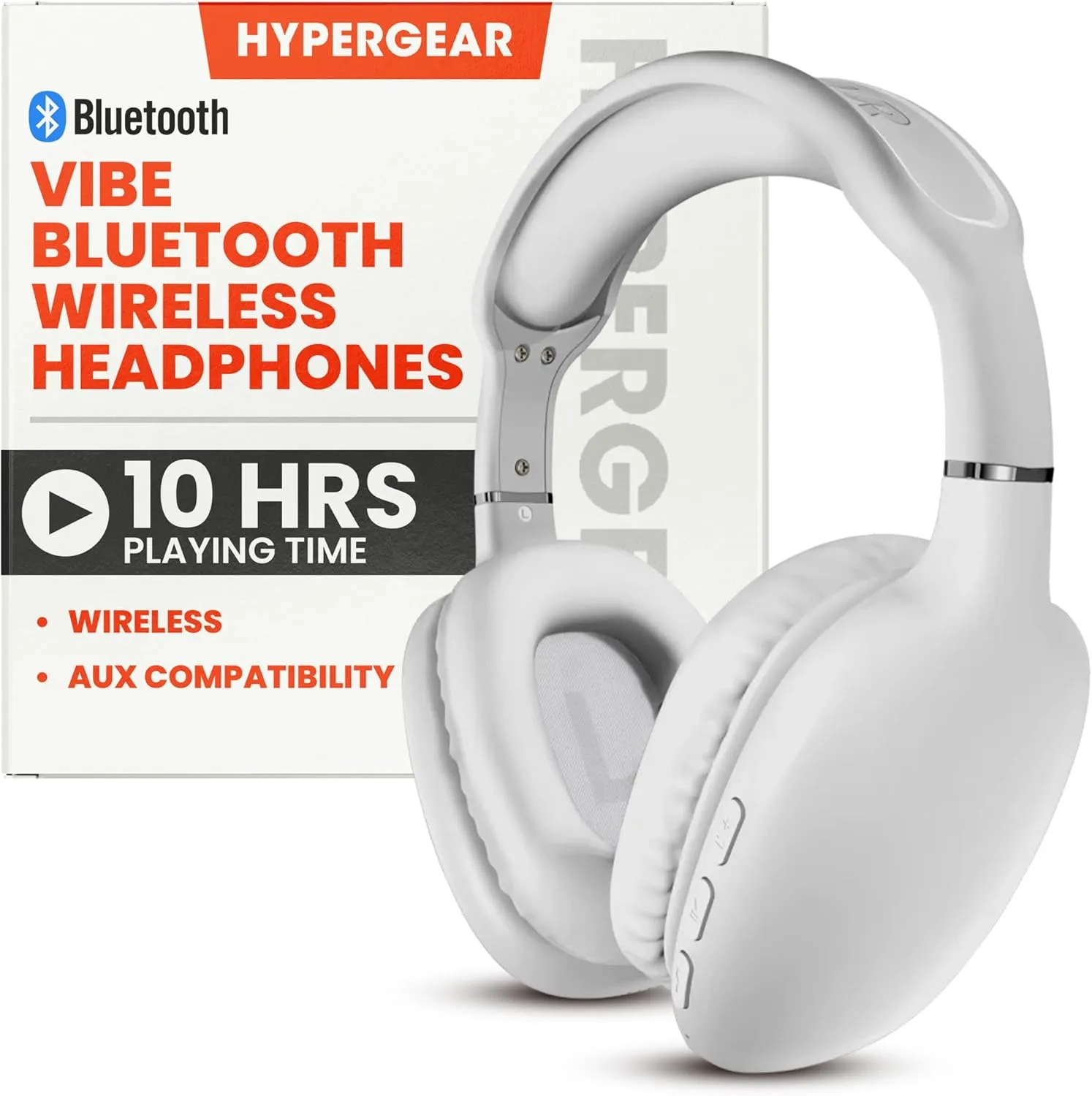 HyperGear Vibe Bluetooth Wireless Headphones - Over-Ear Headphones Wireless for Music, Built-in Mic & Controls, Memory Foam Ear Cups for Travel, Home Office, Gym & More - White