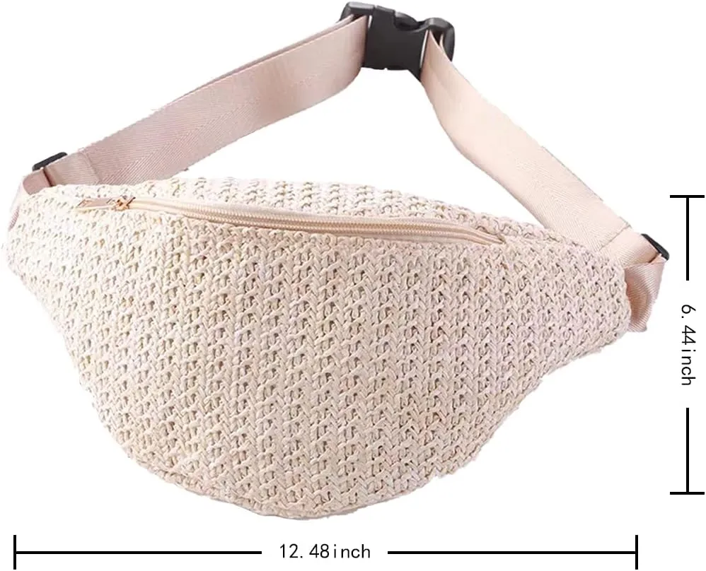 IAMUHI Straw Woven Fanny Pack Cross Chest Shoulder Handbag Purse Handwoven Beach Bag,Beige