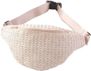 IAMUHI Straw Woven Fanny Pack Cross Chest Shoulder Handbag Purse Handwoven Beach Bag,Beige